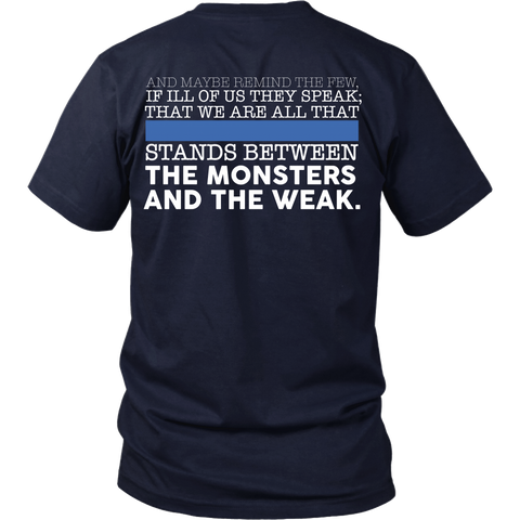 Police Thin Blue Line - Stand Between The Monsters And The Weak - Back Design