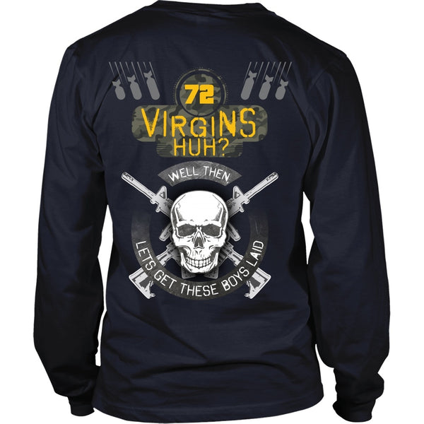 T-shirt - 72 Virgins Huh?(yellow)  Let's Get These Boys Laid - Back Design