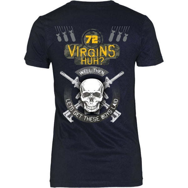 T-shirt - 72 Virgins Huh?(yellow)  Let's Get These Boys Laid - Back Design